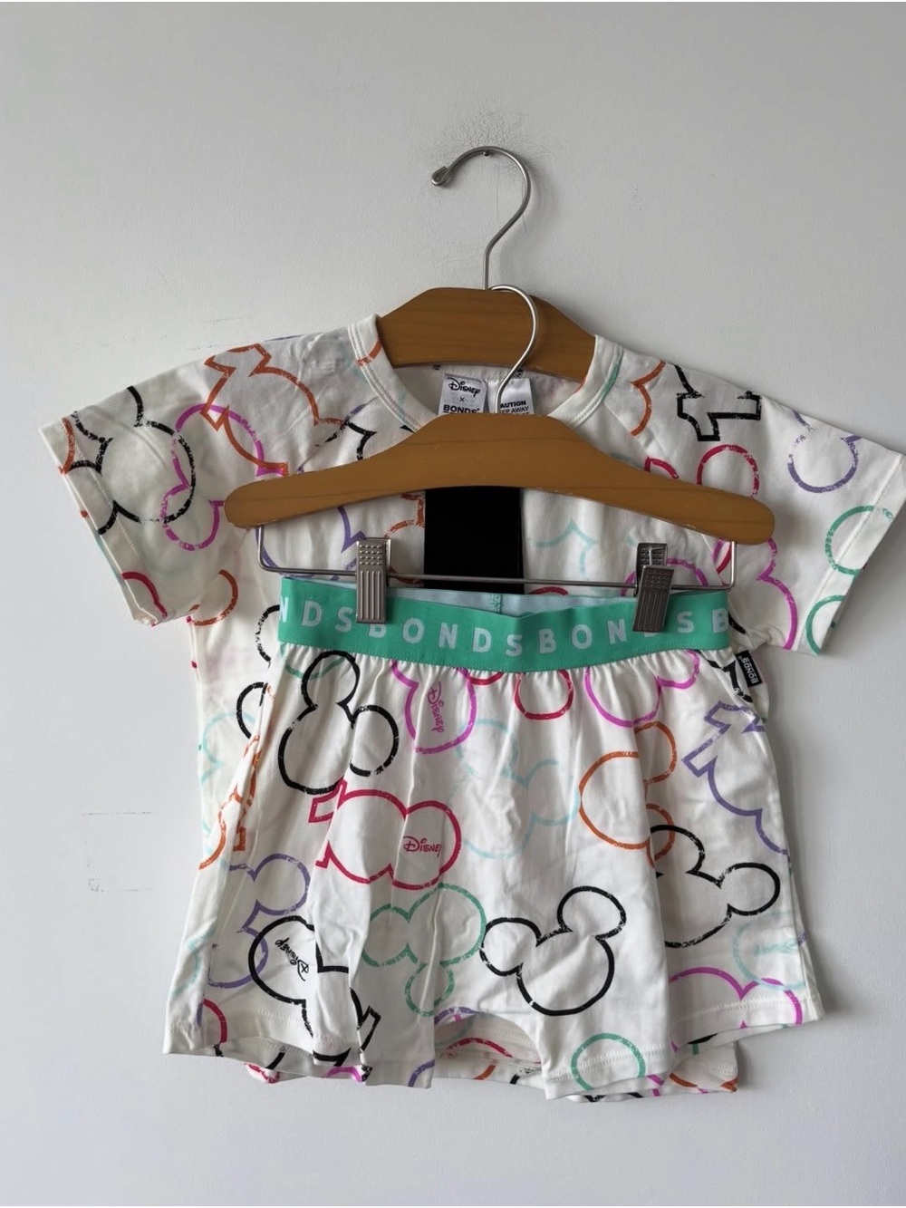 Bonds White Tee & Shorts Set with Multicolor Mickey Outlines - Mint Waistband